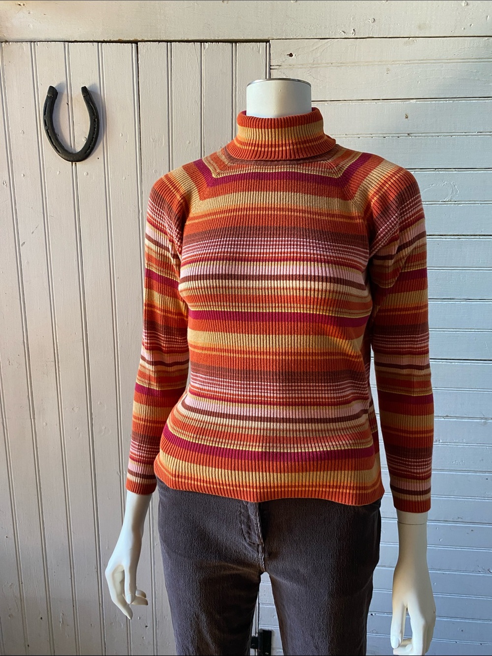 St. John's Bay Orange, Pink & Yellow Striped Turtleneck Sweater